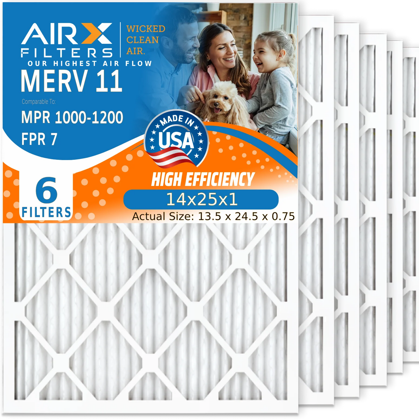 14x25x1 Air Filter MERV 11 Comparable to MPR 1000, MPR 1200 & FPR 7 Electrostatic Pleated Air Conditioner Filter 6 Pack HVAC Premium USA Made 14x25x1 Furnace Filters by AIRX FILTERS WICKED CLEAN AIR.