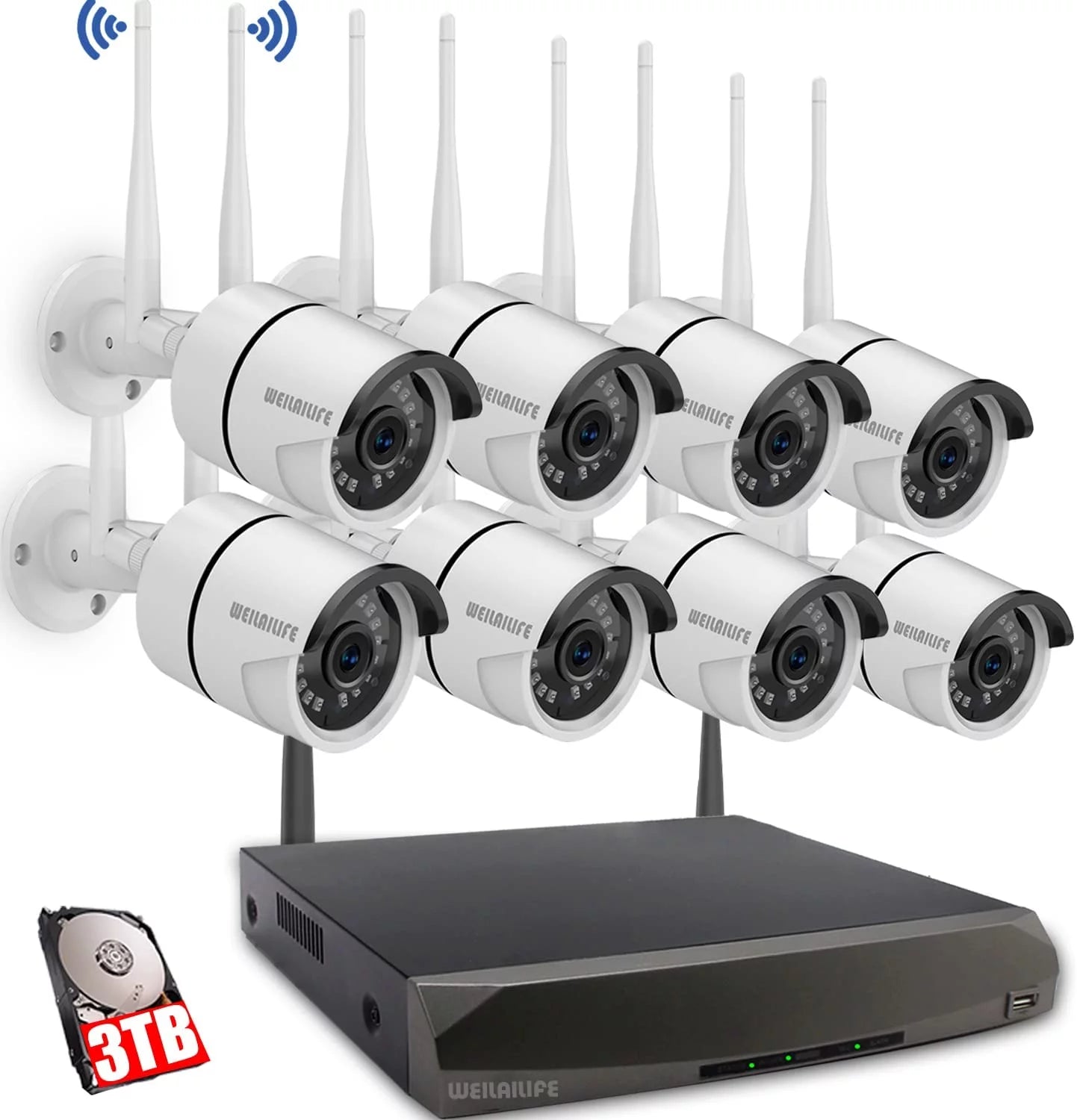 [Dual Antennas 3TB Hard Drive] Outdoor/Indoor Wireless Security camera 8 CH Wireless Surveillance Camera System and 8Pcs 1080P Weatherproof IP Camera