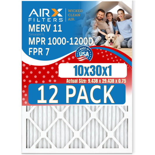 10x30x1 Air Filter MERV 11 Rating, 12 Pack of Furnace Filters Comparable to MPR 1000, MPR 1200 & FPR 7 - Made in USA by AIRX FILTERS WICKED CLEAN AIR.