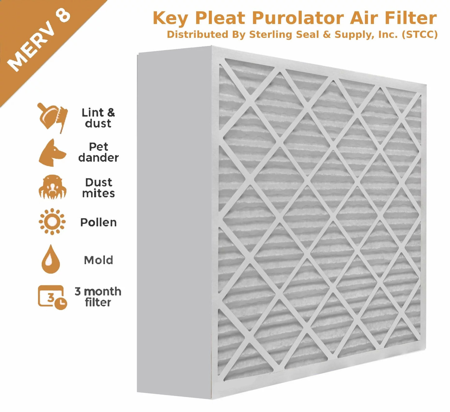 16x25x4 Key Pleat Purolator Air Filter - MERV 8 (3 Pack)