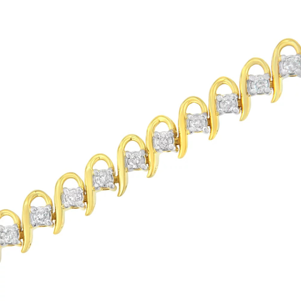 10K Yellow Gold Plated .925 Sterling Silver 1.0 Cttw Diamond Alternating Wave and Round Link Tennis Bracelet (I-J Color, I2-I3 Clarity) - 7.25"