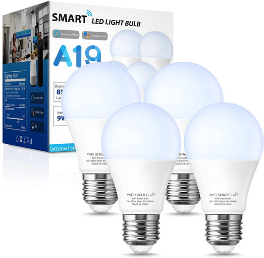 YANSUN A19 Smart Light Bulb Work with Alexa, Home & Siri,WiFi LED Bulb Daylight 5000K, 9W 60W, Dimmable, 850LM,4 Pack