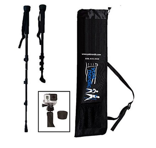 York Nordic Collapsible Trekking & Hiking Poles with Digital Camera Mount, Flip Locks, and Rubber Feet, Pair