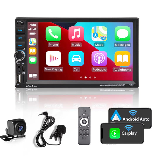 [Wireless] Double Din Car Stereo CarPlay Android Auto Bluetooth 7" Touchscreen USB Rear Camera AM/FM Radio