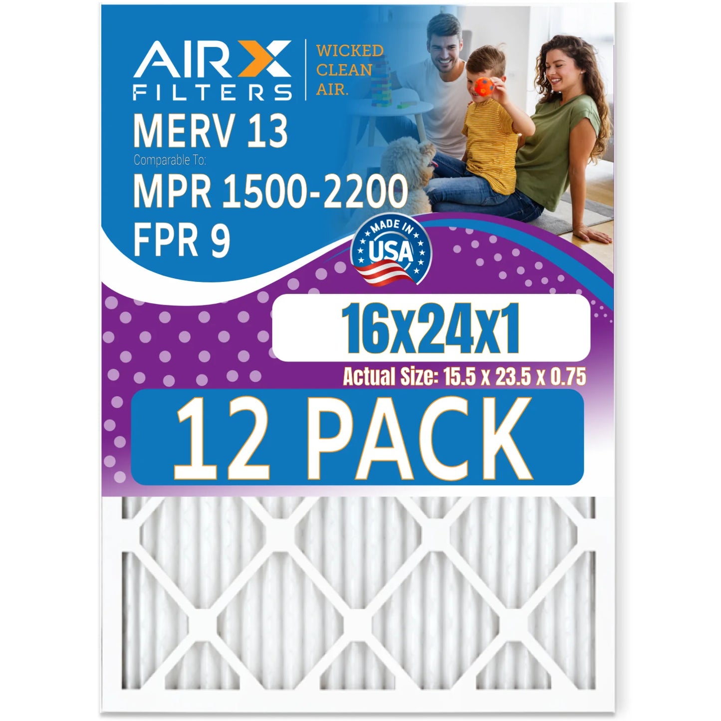 16x24x1 Air Filter MERV 13 Rating, 12 Pack of Furnace Filters Comparable to MPR 1500 - 2200 & FPR 9 - Made in USA by AIRX FILTERS WICKED CLEAN AIR.