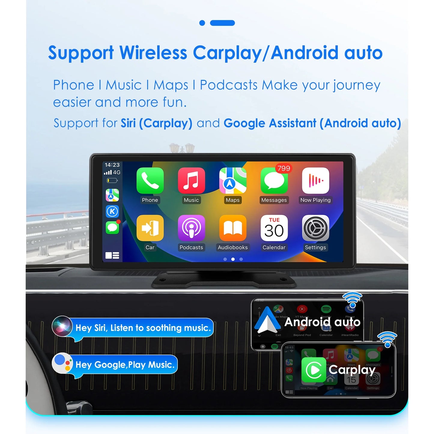 10.26" Touchscreen Carplay Android Auto FM Car Radio Stereo Head Unit 360° Adjustable Bluetooth Mirror Link GPS Navigation Player