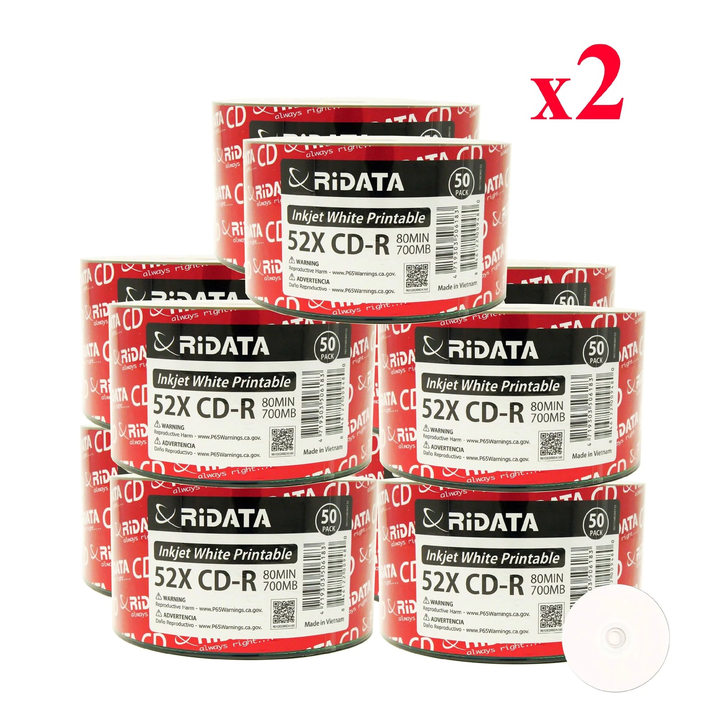 1000 Pack Ridata CD-R 52X 700MB 80Min White Inkjet Hub Printable Blank Media Recordable Disc