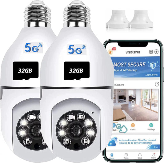 2 Pack Light Bulb Security Camera, 360 Degree PTZ2.4GHz & 5G WiFi Camera, Wireless Home Indoor and Outdoor Camera + 32GB SD Card (Two), APP Access, Motion Detection Alarm, Local and Cloud Storage