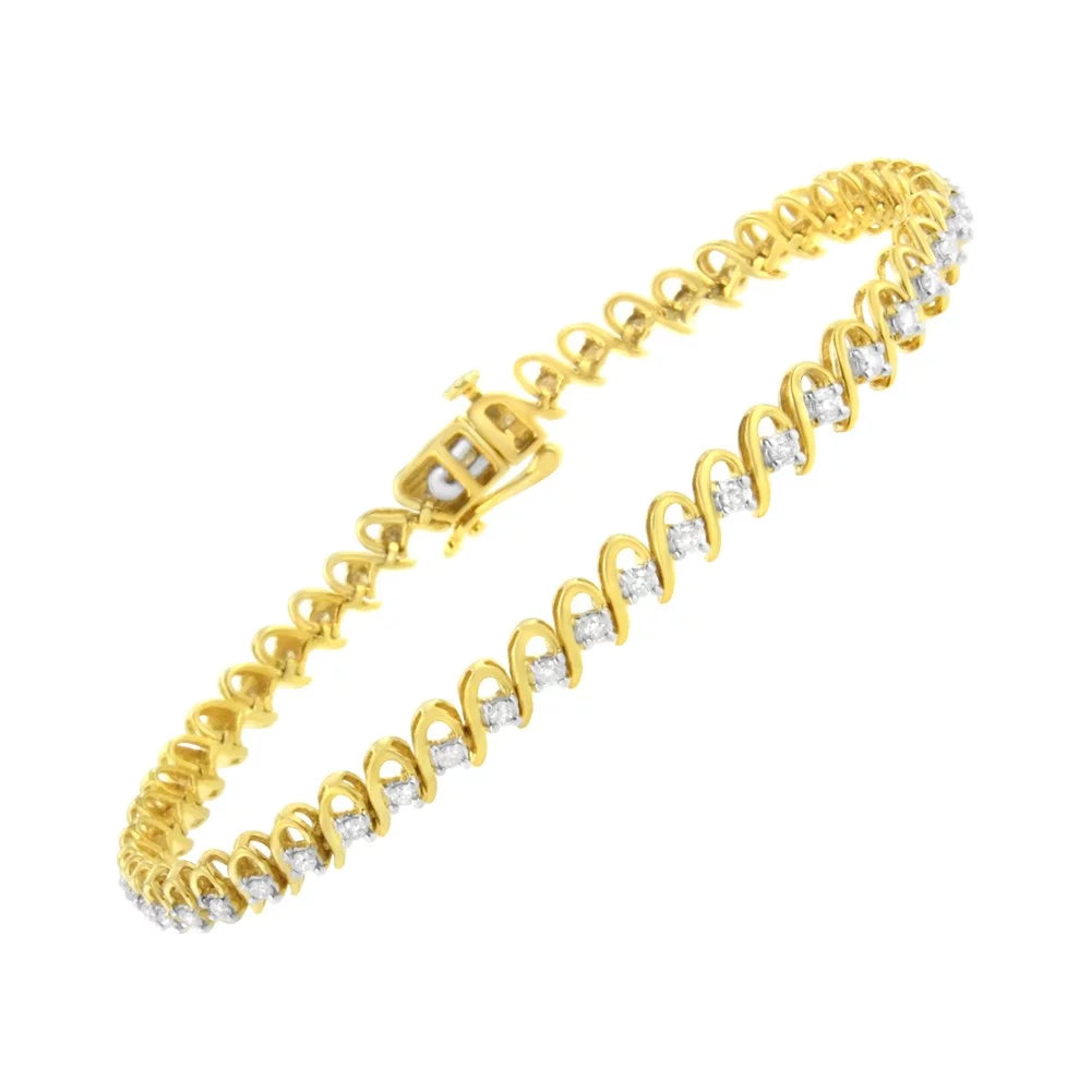 10K Yellow Gold Plated .925 Sterling Silver 1.0 Cttw Diamond Alternating Wave and Round Link Tennis Bracelet (I-J Color, I2-I3 Clarity) - 7.25"