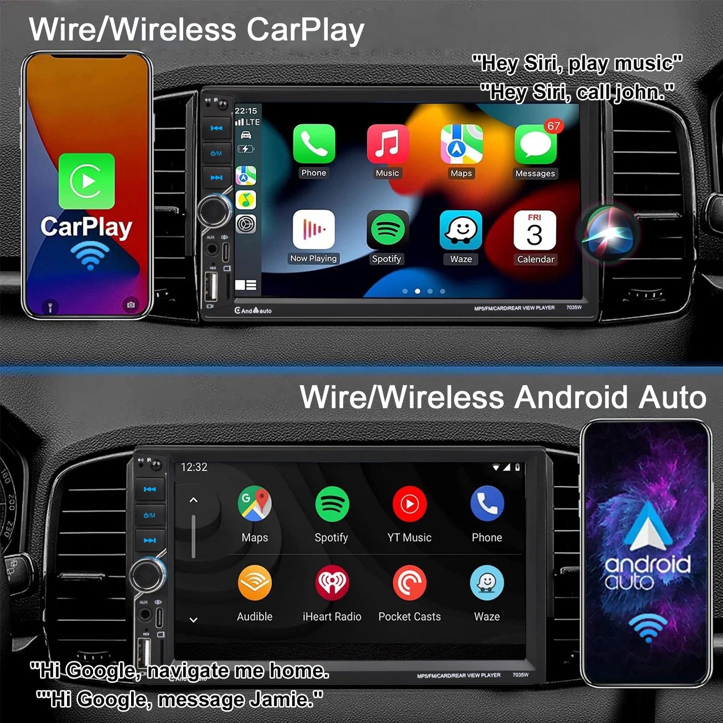 [Wireless] Double Din Car Stereo CarPlay Android Auto Bluetooth 7" Touchscreen USB Rear Camera AM/FM Radio