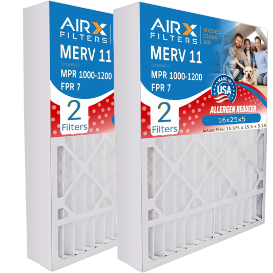 16x25x5 Air Filter MERV 11 Comparable to MPR 1000, MPR 1200 & FPR 7 Compatible with Goodman M1-1056 / Amana AMP-M1-1056 Premium USA Made 16x25x5 Furnace Filter 2 Pack by AIRX FILTERS WICKED CLEAN AIR.