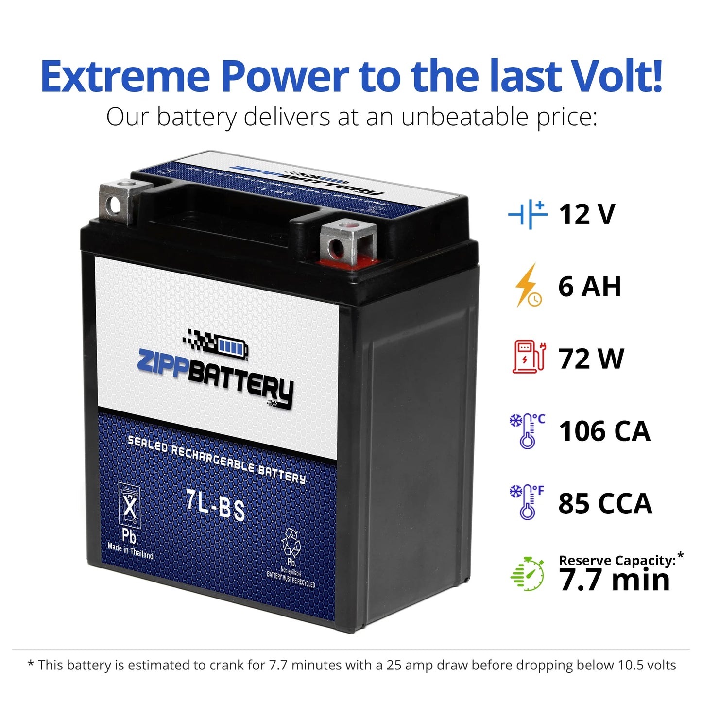 Zipp Battery Ytx7l-bs (7l-bs 12 Volts,6 Ah, 75 Cca) Atv Battery for Kawasaki 450cc Kfx450r 2009