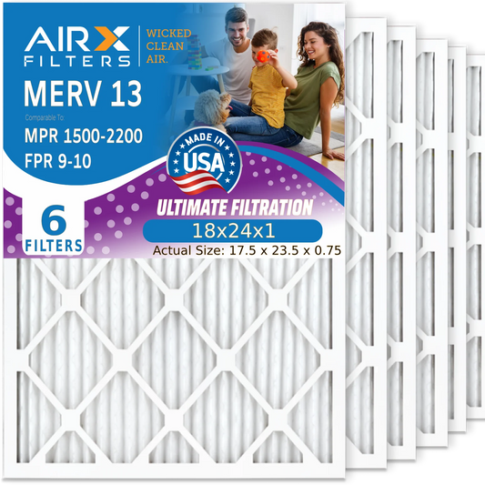 18x24x1 Air Filter MERV 13 Comparable to MPR 1500 - 2200 & FPR 9 Electrostatic Pleated Air Conditioner Filter 6 Pack HVAC AC Premium USA Made 18x24x1 Furnace Filters by AIRX FILTERS WICKED CLEAN AIR.