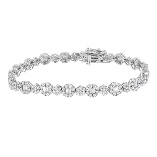 10K White Gold 4.0 cttw Brilliant Round-cut and Baguette Diamond Floral Cluster Link Bracelet(I-J, I1-I2) - 7" Inches