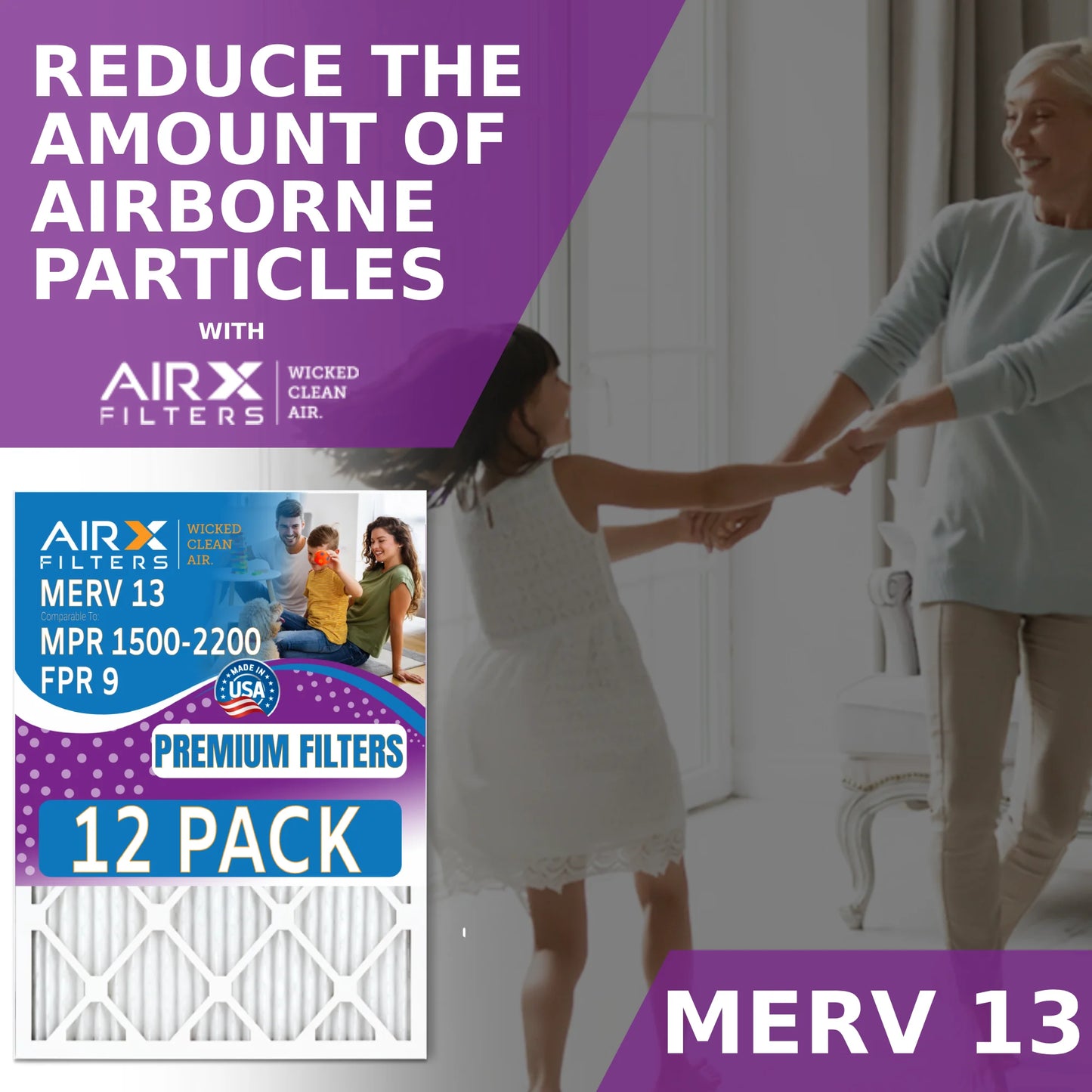 16x24x1 Air Filter MERV 13 Rating, 12 Pack of Furnace Filters Comparable to MPR 1500 - 2200 & FPR 9 - Made in USA by AIRX FILTERS WICKED CLEAN AIR.