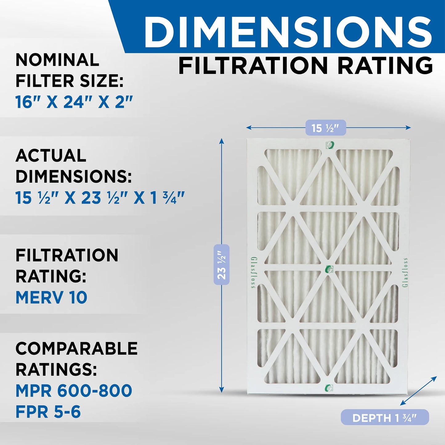 12 Pack of 16x24x2 MERV 10 Pleated 2" Inch Air Filters by Glasfloss. Actual Size: 15-1/2 x 23-1/2 x 1-3/4