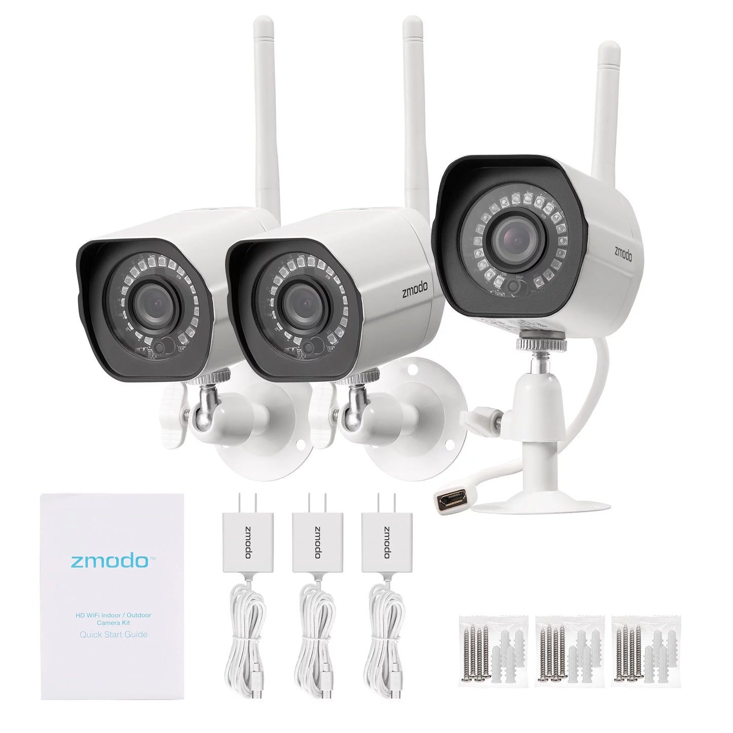 Zmodo Wireless WiFi Security Camera System (3 Pack) Smart Full HD Outdoor IP Cameras with Night Vision - Works with Assistant (Supports Only 2.4Ghz WiFi)