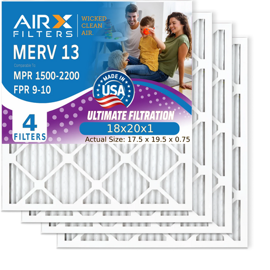 18x20x1 Air Filter MERV 13 Comparable to MPR 1500 - 2200 & FPR 9 Electrostatic Pleated Air Conditioner Filter 4 Pack HVAC AC Premium USA Made 18x20x1 Furnace Filters by AIRX FILTERS WICKED CLEAN AIR.