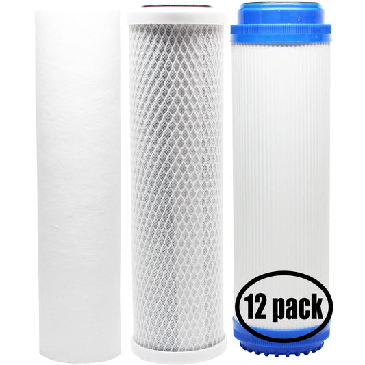 12-Pack Replacement for Filter Kit for Expres Water FilterHousing RO System - Includes Carbon Block Filter, PP Sediment Filter & GAC Filter - Denali Pure Brand