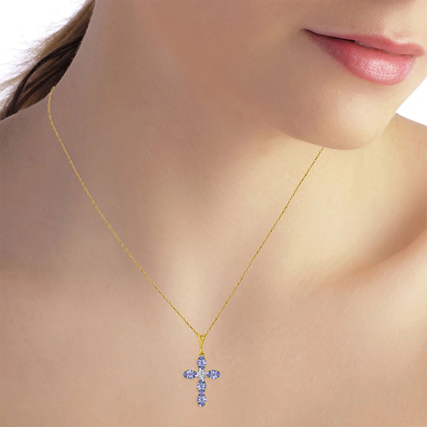 1.75 CTW 14K Solid Gold Cross Necklace Natural Diamond Tanzanite