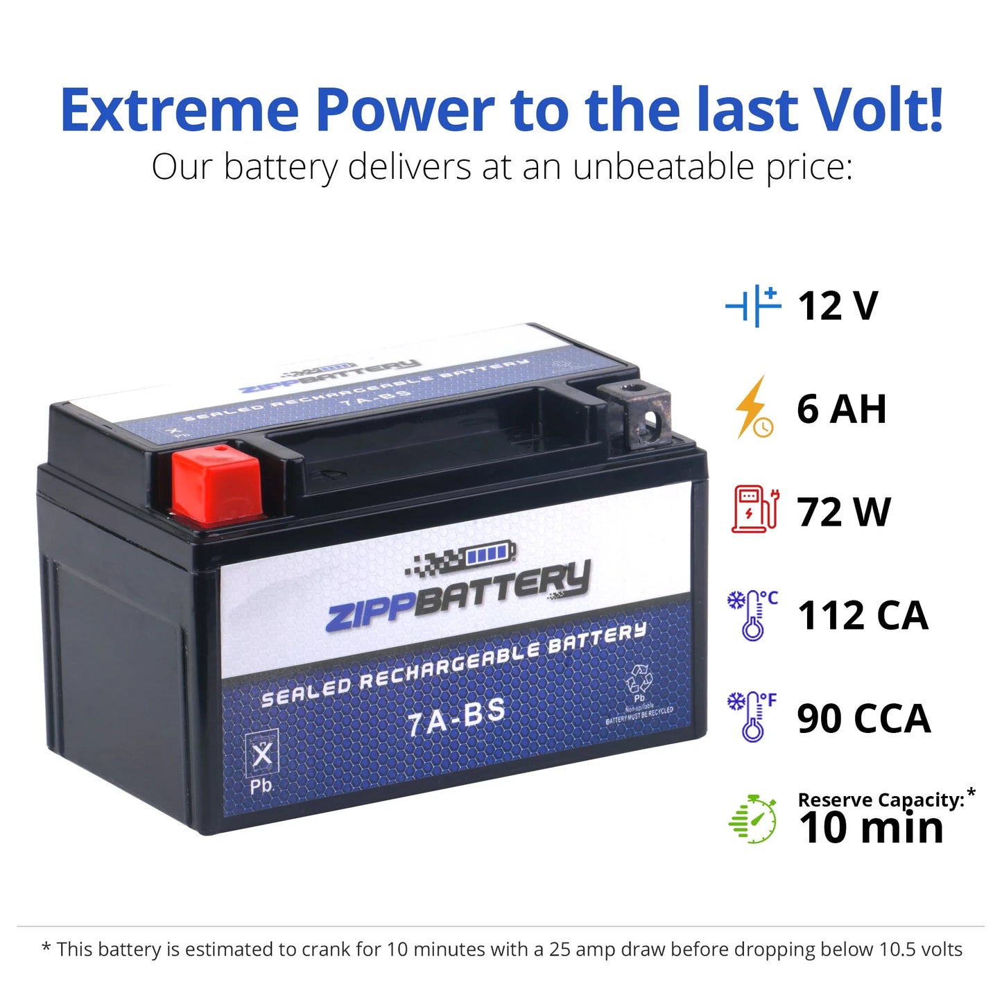 Zipp Battery YTX7A-BS (7A-BS 12 Volt,6 Ah, 100 CCA) Sealed AGM Atv Battery for Kasea Ks, Ku Models 90cc Years (all Years)