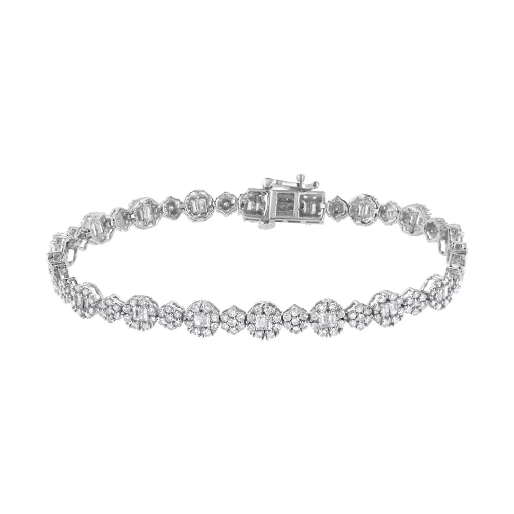 10K White Gold 4.0 cttw Brilliant Round-cut and Baguette Diamond Floral Cluster Link Bracelet(I-J, I1-I2) - 7" Inches