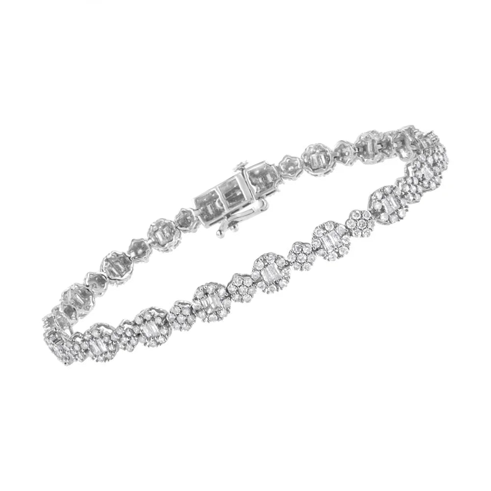 10K White Gold 4.0 cttw Brilliant Round-cut and Baguette Diamond Floral Cluster Link Bracelet(I-J, I1-I2) - 7" Inches